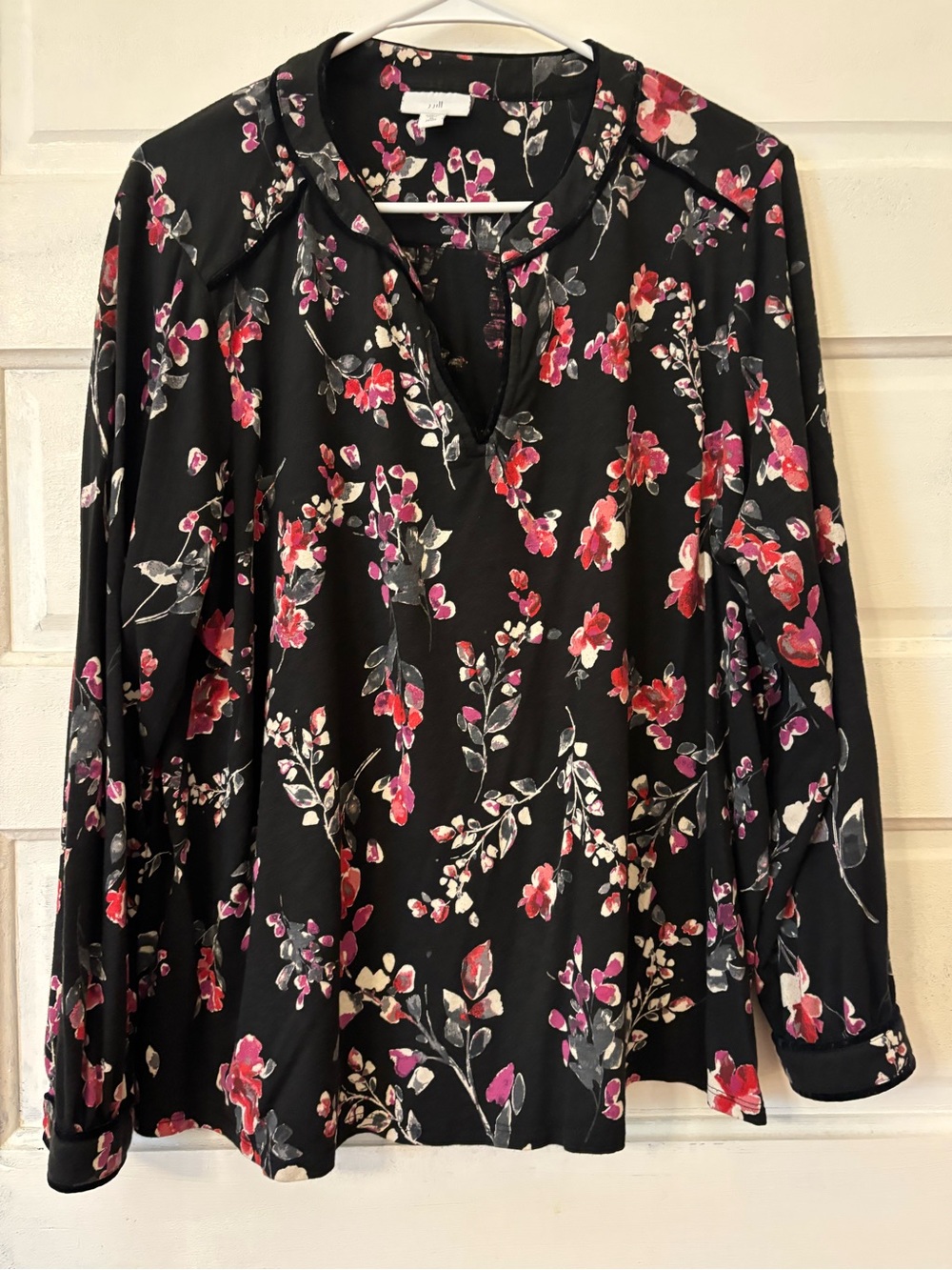 J. Jill Black Floral V-Neck Blouse with Pink & Red Blossoms